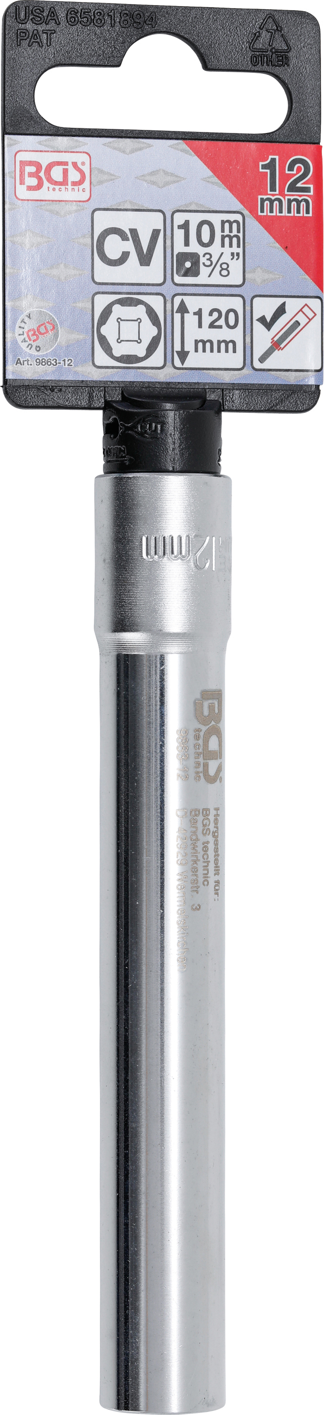 BGS Steckschlüssel-Einsatz Sechskant, extra tief | Antrieb Innenvierkant 10 mm (3/8") | 12 mm