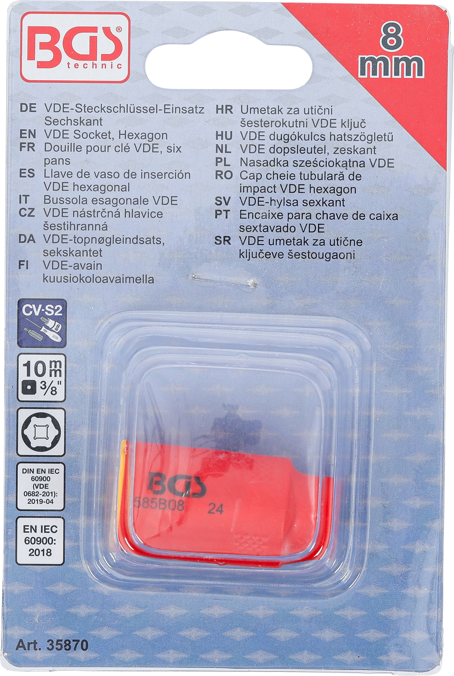 BGS VDE-Steckschlüssel-Einsatz Sechskant | Antrieb Innenvierkant 10 mm (3/8") | SW 8 mm