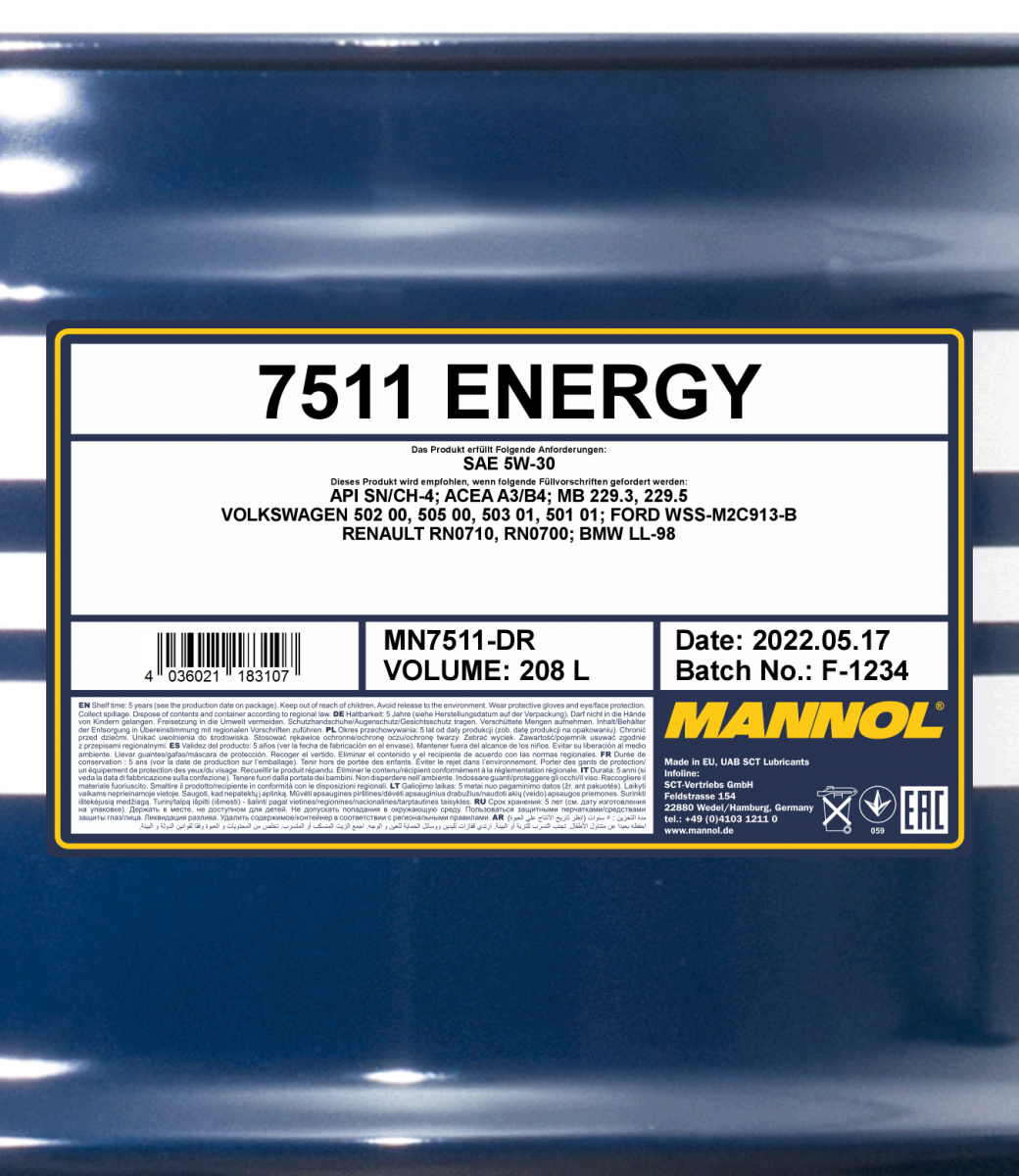 5W-30 Mannol 7511 Energy Motoröl 208 Liter