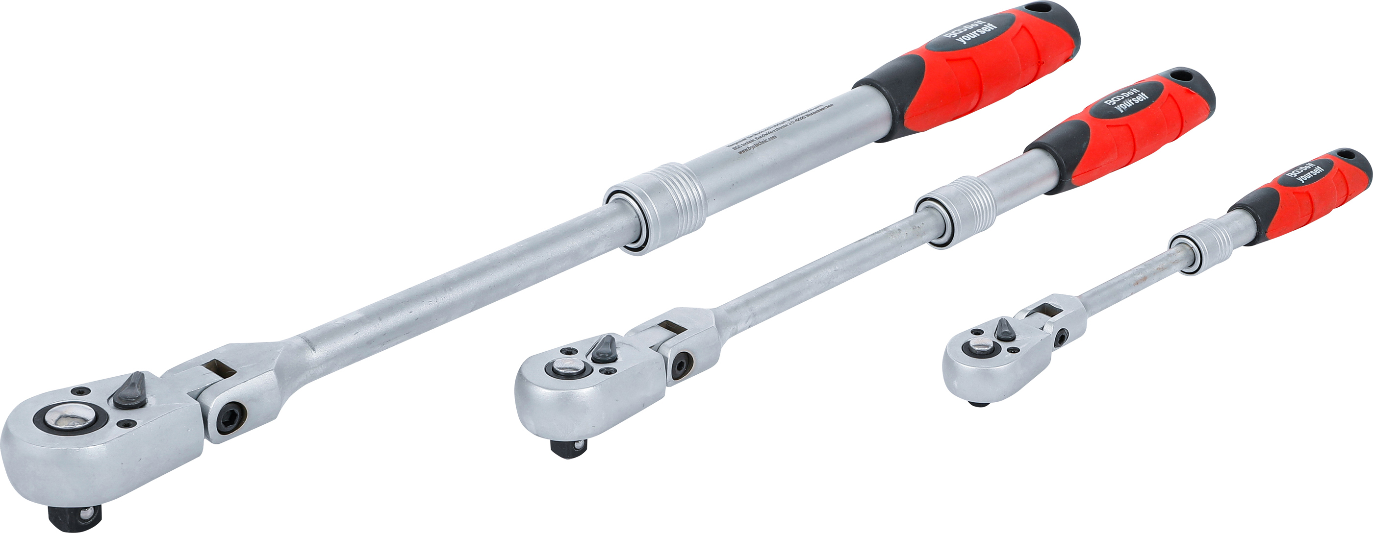 BGS Umschaltknarren-Satz | ausziehbar, abwinkelbar | Abtrieb Außenvierkant 6,3 mm (1/4") - 10 mm (3/8") - 12,5 mm (1/2") | 3-tlg.