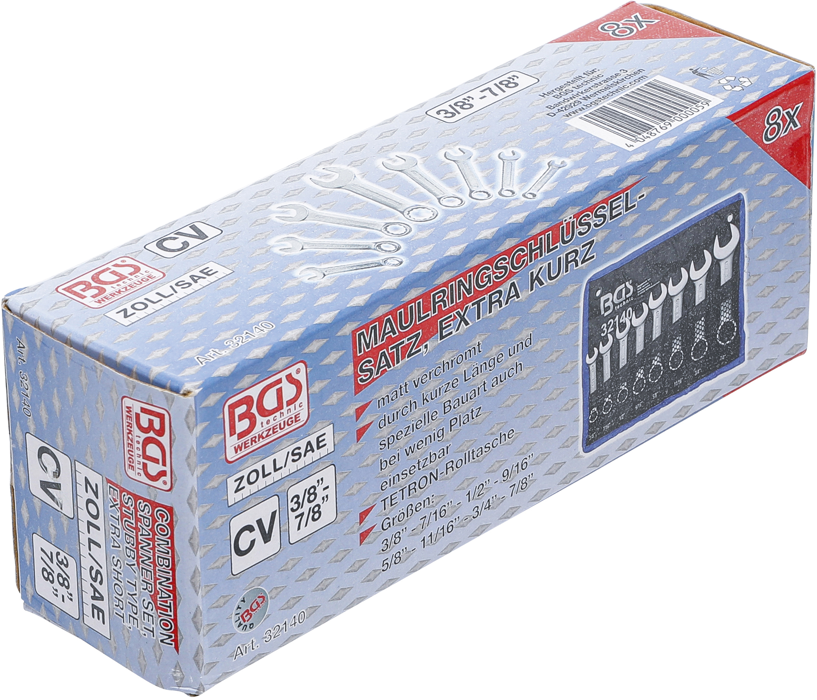 BGS Maul-Ringschlüssel-Satz | extra kurz | Zollgrößen | SW 3/8" - 7/8" | 8-tlg.