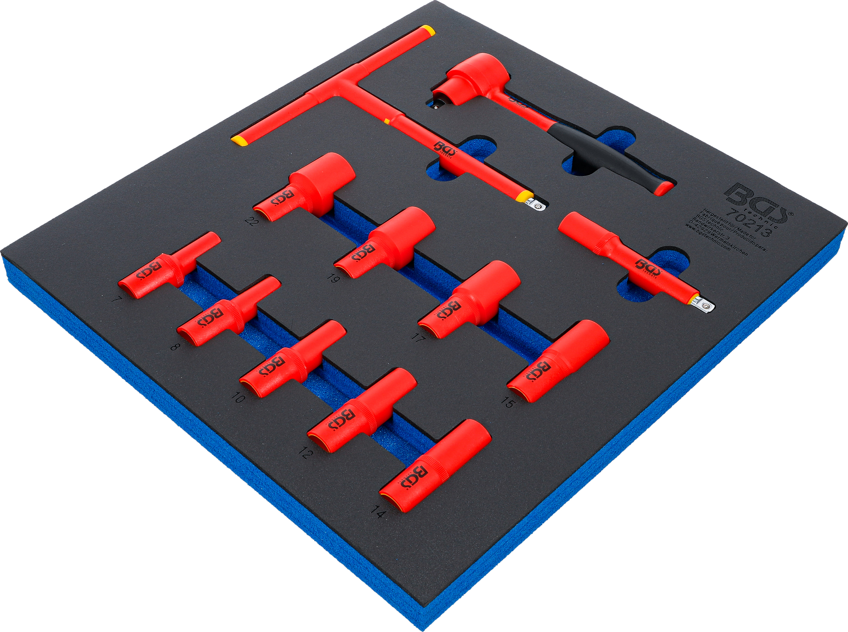 BGS Werkstattwageneinlage 2/3: VDE-Steckschlüssel-Satz | Antrieb Innenvierkant 10 mm (3/8") | SW 7 - 22 mm | 12-tlg.