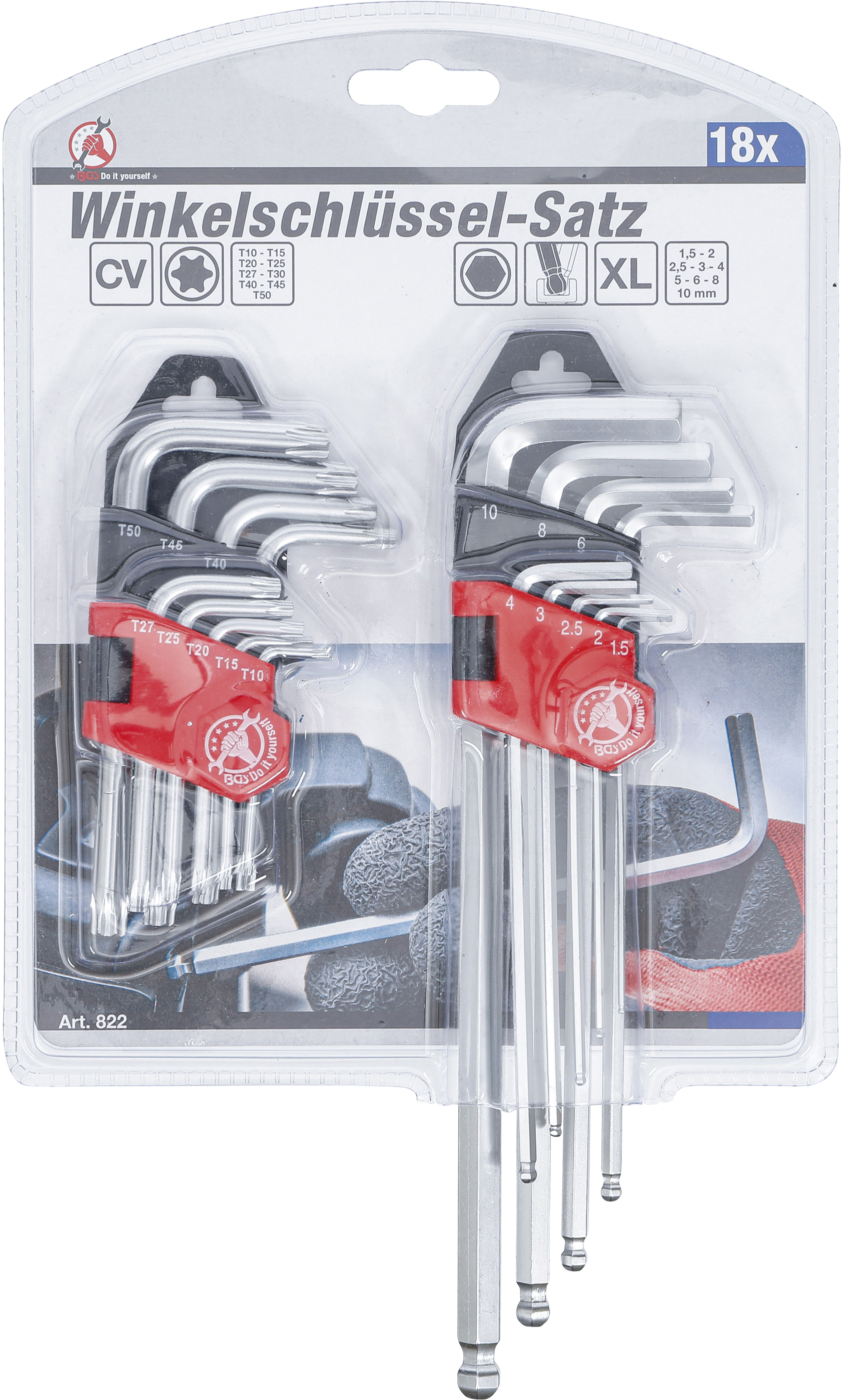 BGS Winkelschlüssel-Satz | lang | T-Profil (für Torx) T10 - T50 / Innensechskant 1,5 - 10 mm | 18-tlg.