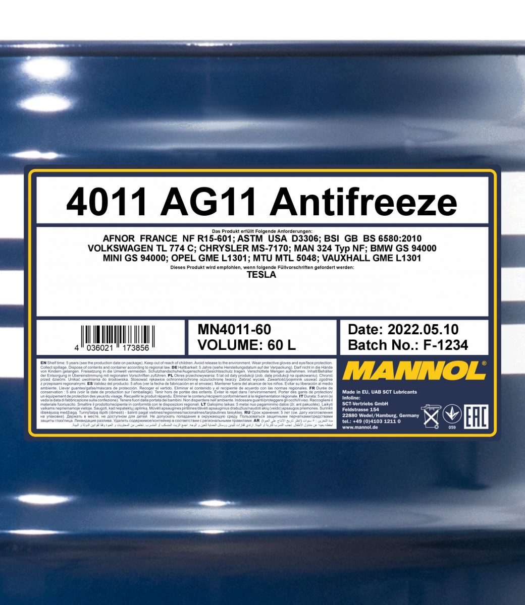 Mannol 4011 Kühlerfrostschutz Antifreeze AG11 Longterm -40 Fertigmischung 60 Liter