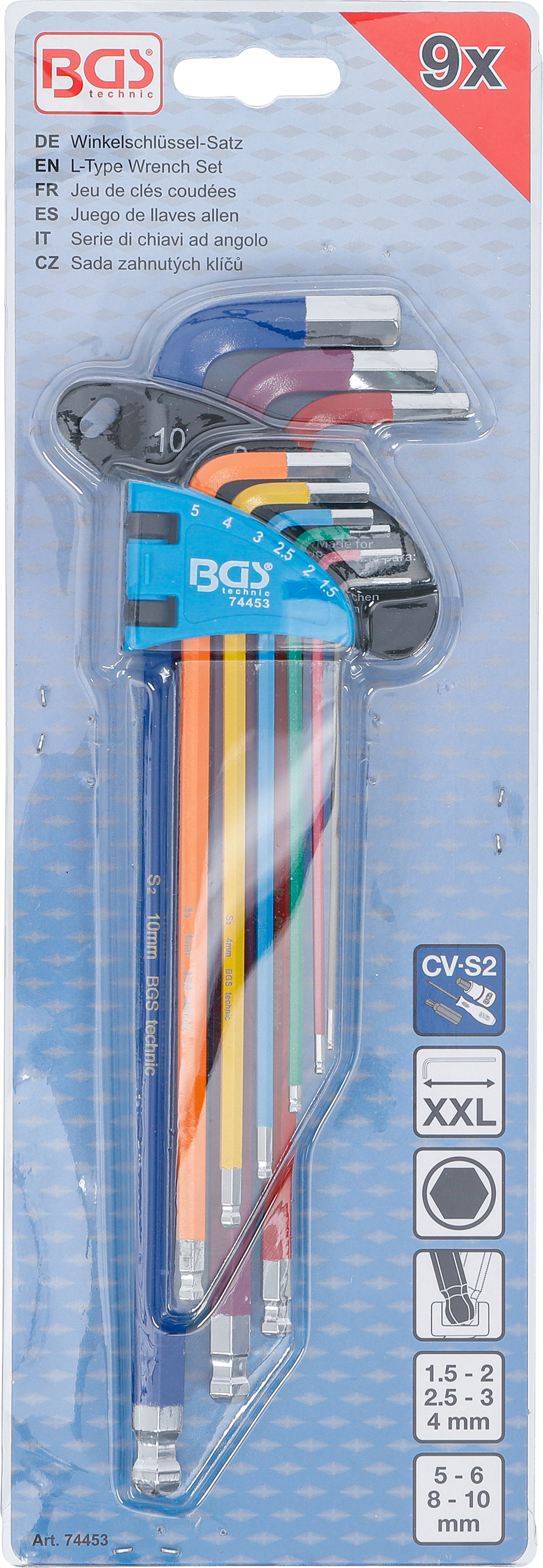 BGS Winkelschlüssel-Satz | Multicolour | extra lang | Innensechskant, Innensechskant mit Kugelkopf 1,5 - 10 mm | 9-tlg.