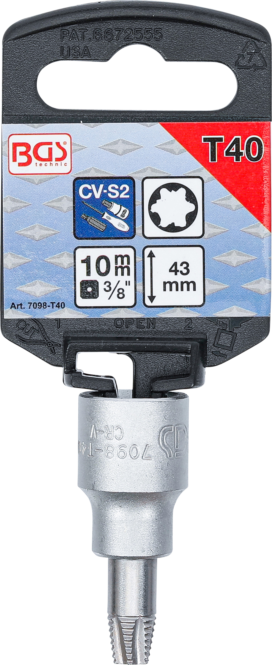 BGS Schraubenausdreher-Bit-Einsatz | Antrieb Innenvierkant 10 mm (3/8") | für defektes T-Profil (für Torx) T40