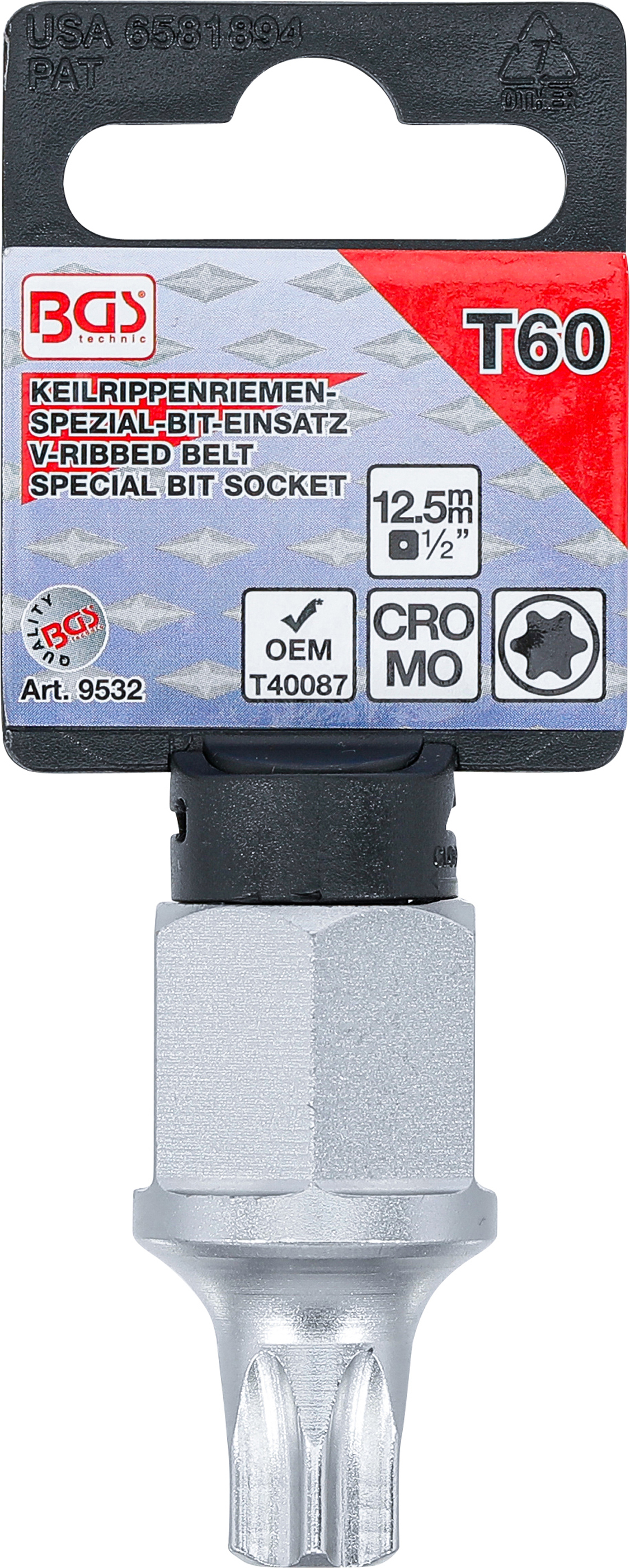 BGS Keilrippenriemen-Bit-Einsatz | Antrieb Innenvierkant 12,5 mm (1/2"), Außensechskant SW 22 mm | T-Profil (für Torx) T60