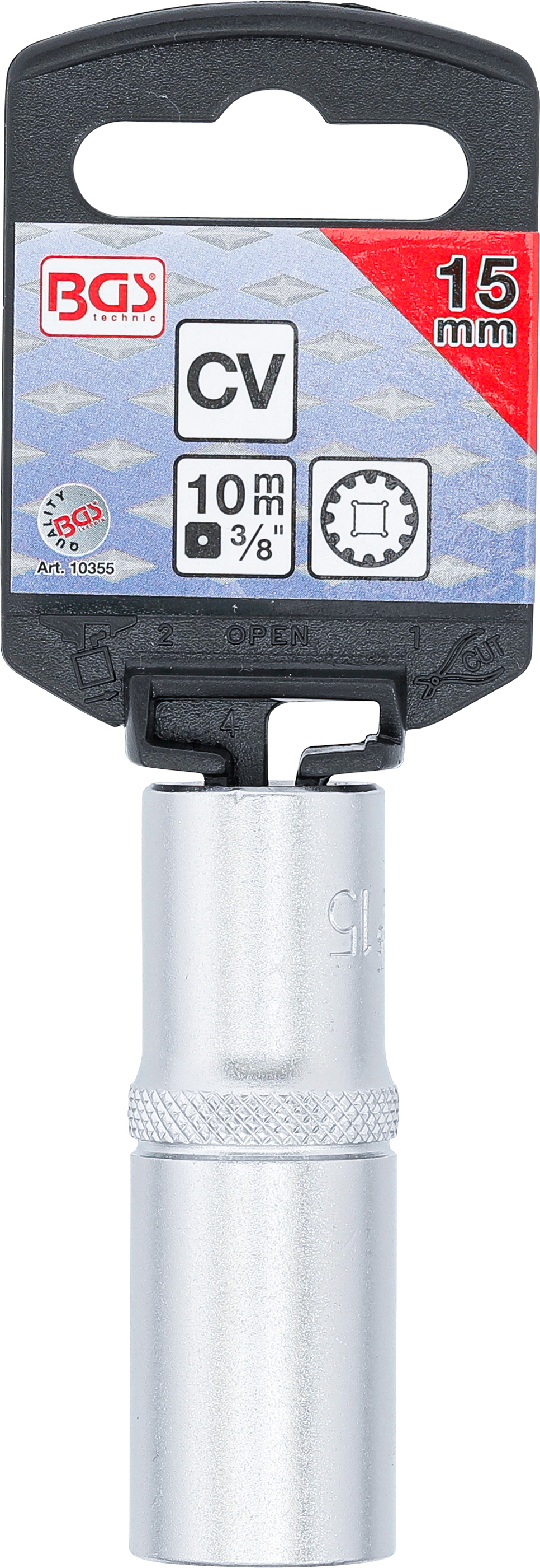 BGS Steckschlüssel-Einsatz Gear Lock, tief | Antrieb Innenvierkant 10 mm (3/8") | SW 15 mm