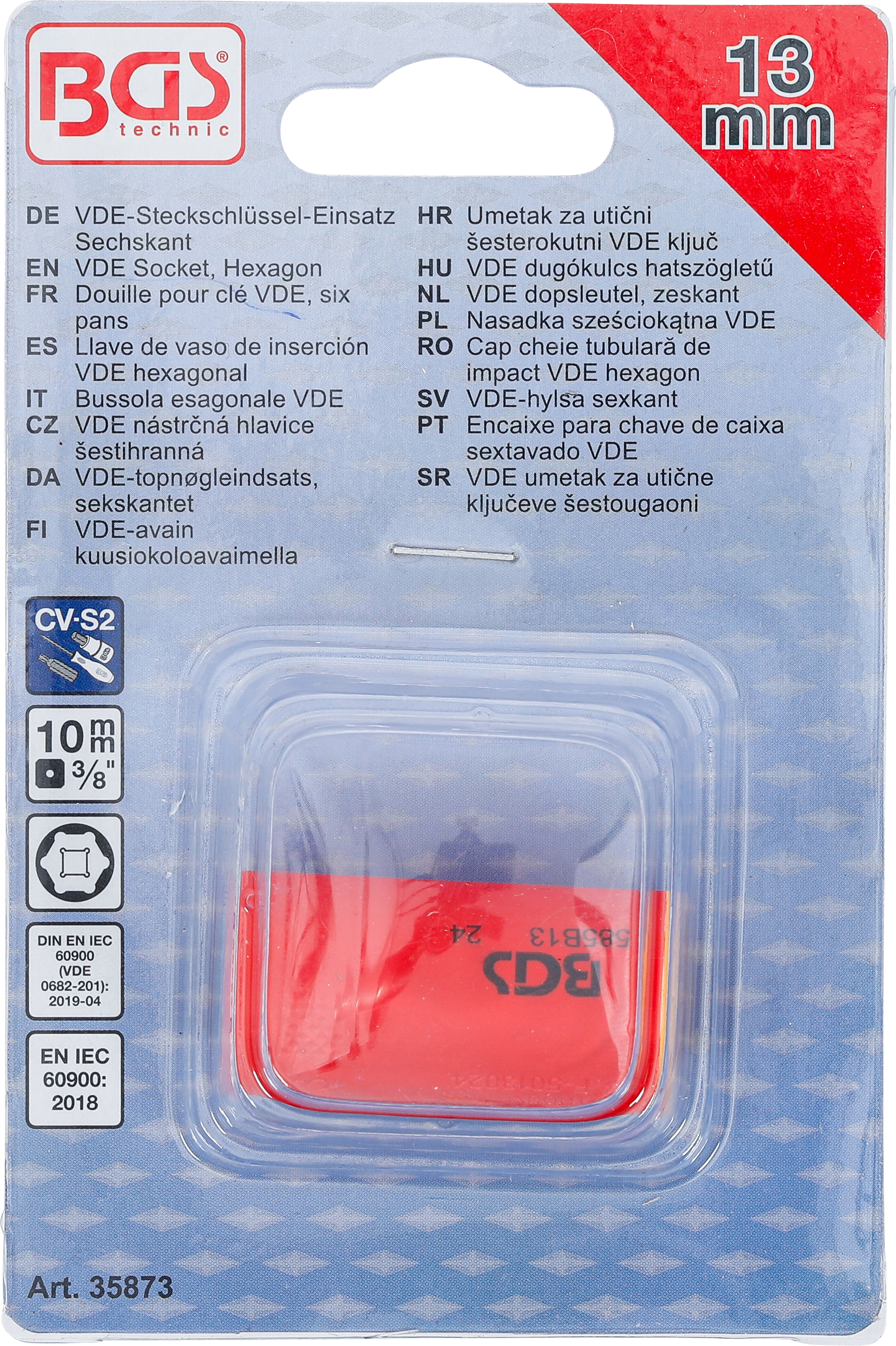 BGS VDE-Steckschlüssel-Einsatz Sechskant | Antrieb Innenvierkant 10 mm (3/8") | SW 13 mm