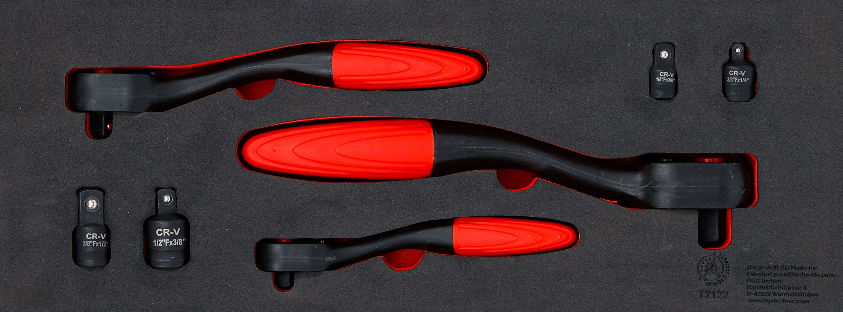 BGS Umschaltknarren- und Adapter-Satz | feinverzahnt | Abtrieb Außenvierkant 6,3 mm (1/4") - 10 mm (3/8") - 12,5 mm (1/2") | 7-tlg.