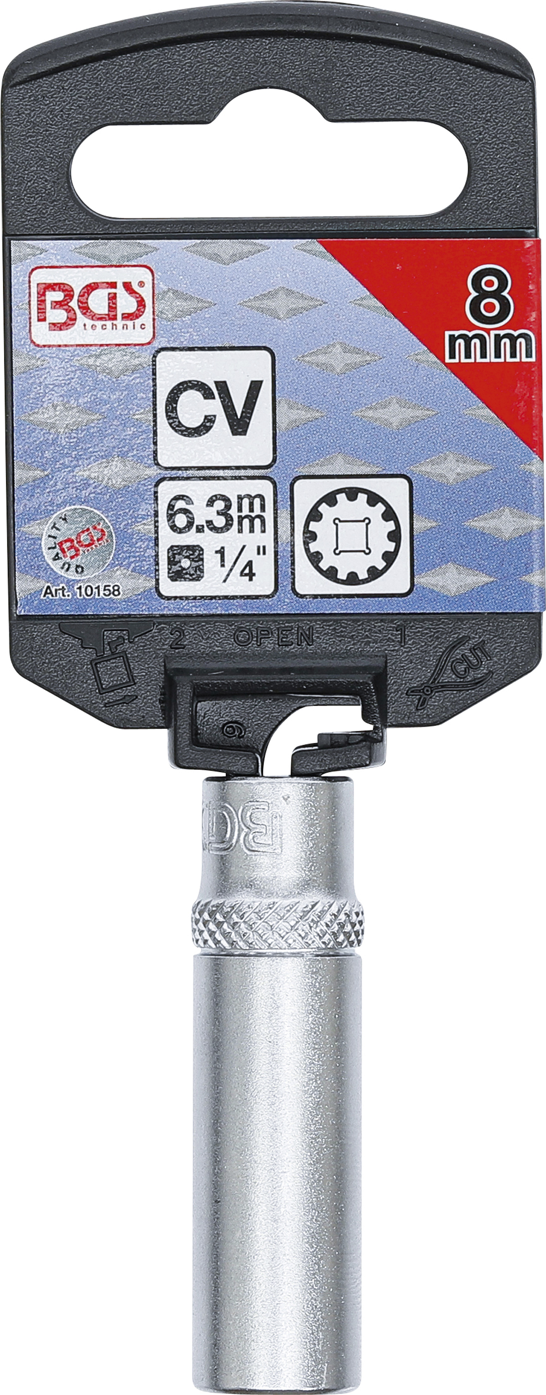 BGS Steckschlüssel-Einsatz Gear Lock, tief | Antrieb Innenvierkant 6,3 mm (1/4") | SW 8 mm