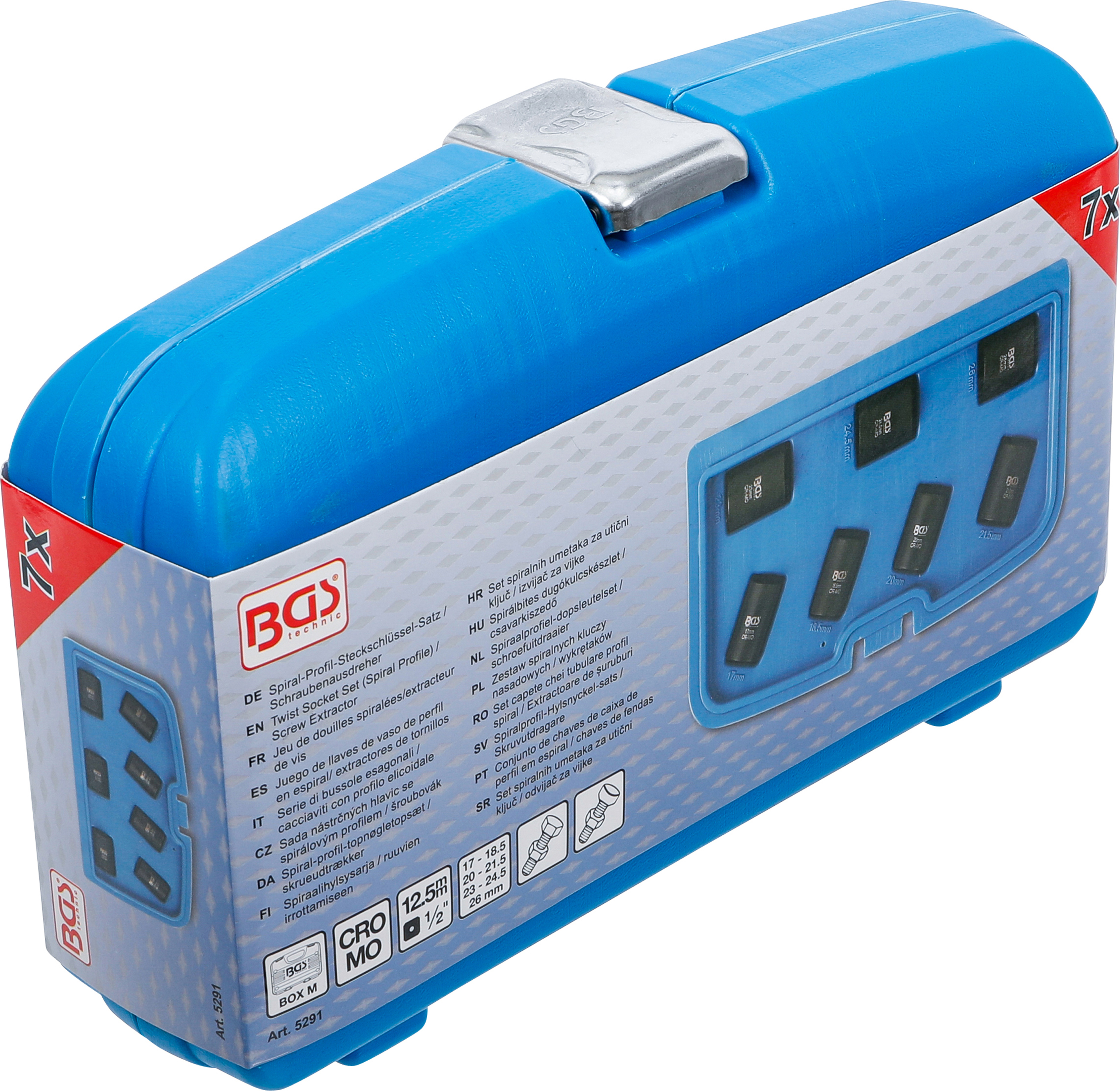BGS Spiral-Profil-Steckschlüssel-Satz / Schraubenausdreher | Antrieb Innenvierkant 12,5 mm (1/2") | SW 17 - 26 mm | 7-tlg.