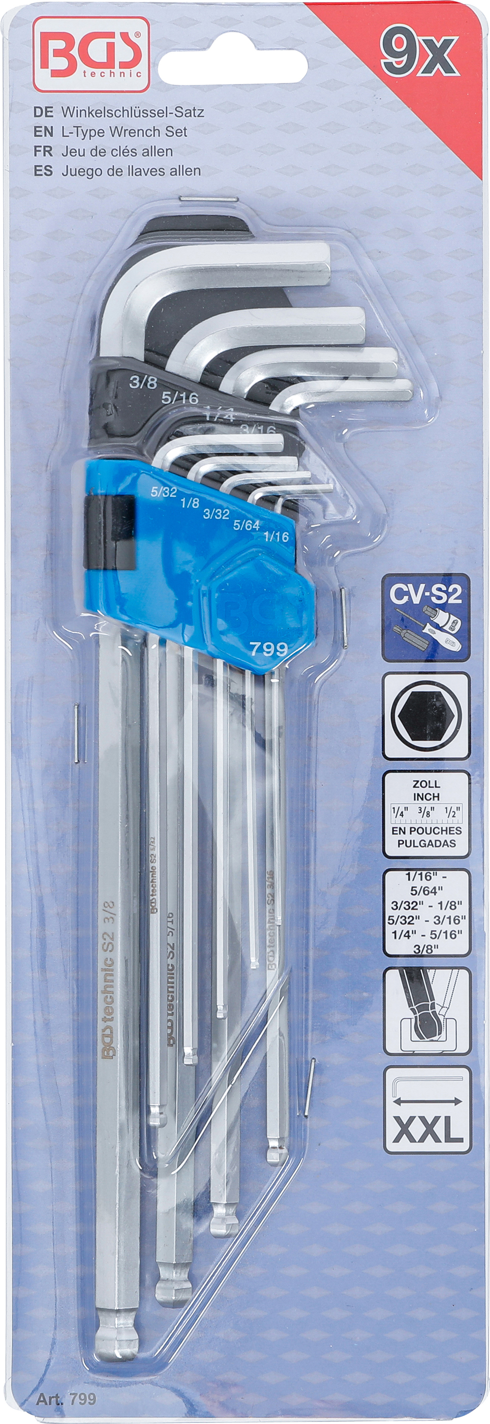 BGS Winkelschlüssel-Satz | Zollgrößen | Innensechskant / Innensechskant mit Kugelkopf 1/16" - 3/8" | 9-tlg.