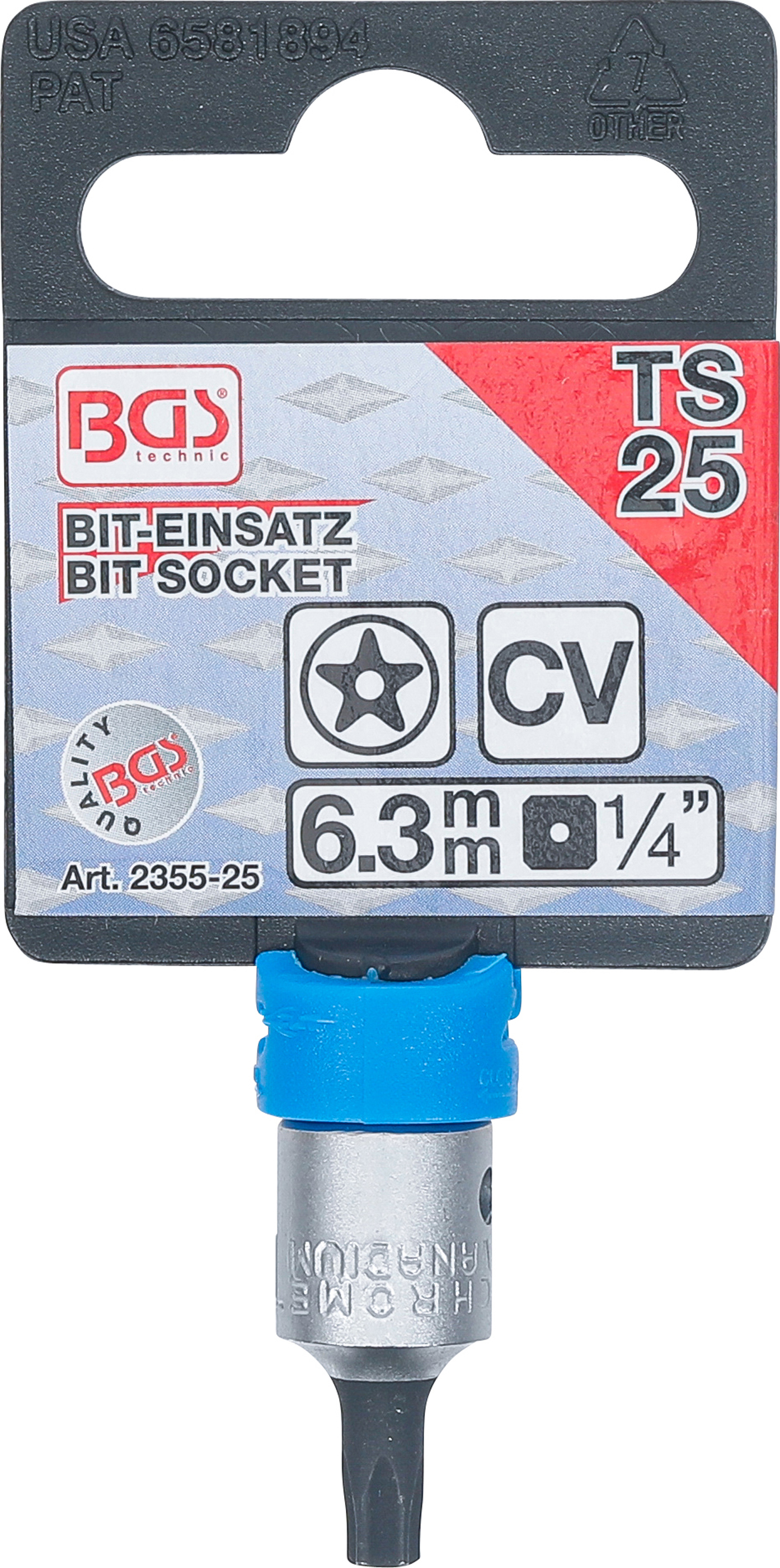 BGS Bit-Einsatz | Antrieb Innenvierkant 6,3 mm (1/4") | TS-Profil (für Torx Plus) mit Bohrung TS25