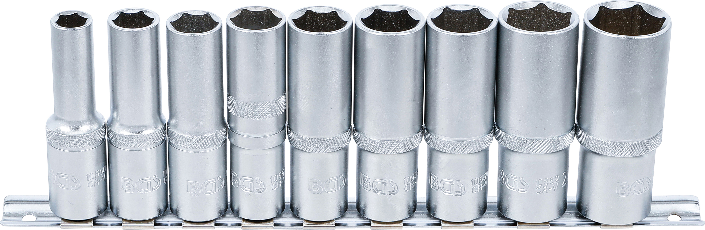 BGS Steckschlüssel-Einsatz-Satz Sechskant, tief | Antrieb Innenvierkant 12,5 mm (1/2") | SW 10 - 24 mm | 9-tlg.