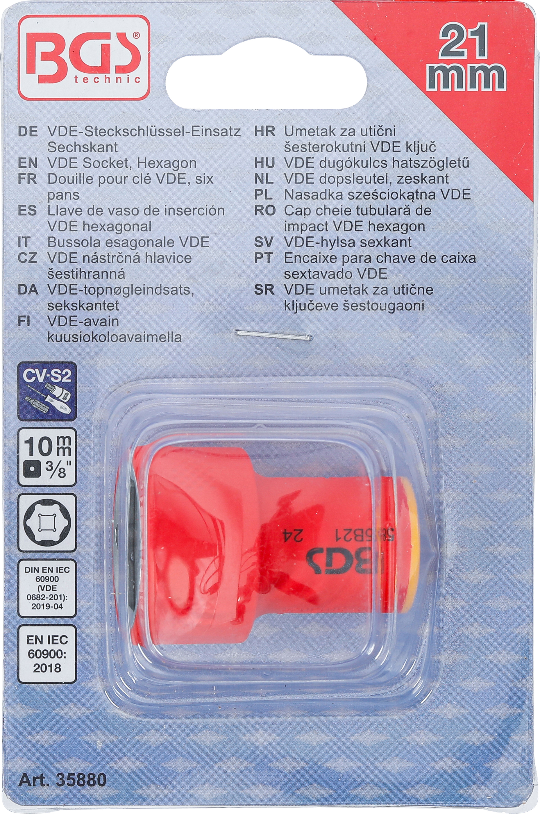 BGS VDE-Steckschlüssel-Einsatz Sechskant | Antrieb Innenvierkant 10 mm (3/8") | SW 21 mm