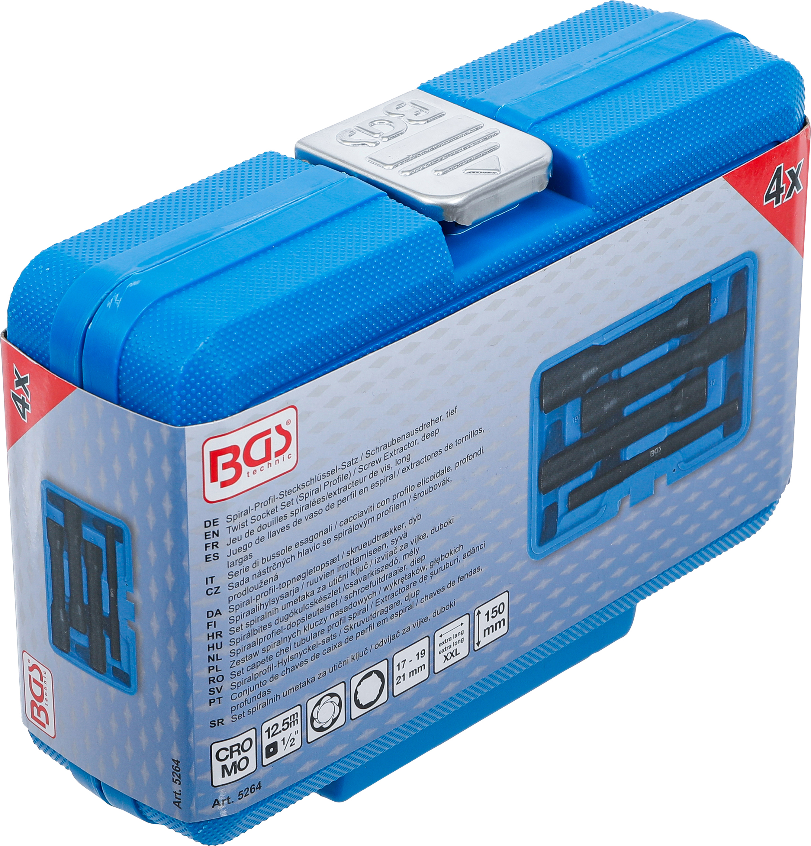 BGS Spiral-Profil-Steckschlüssel-Satz / Schraubenausdreher, tief | Antrieb Innenvierkant 12,5 mm (1/2") | SW 17 - 21 mm | 4-tlg.