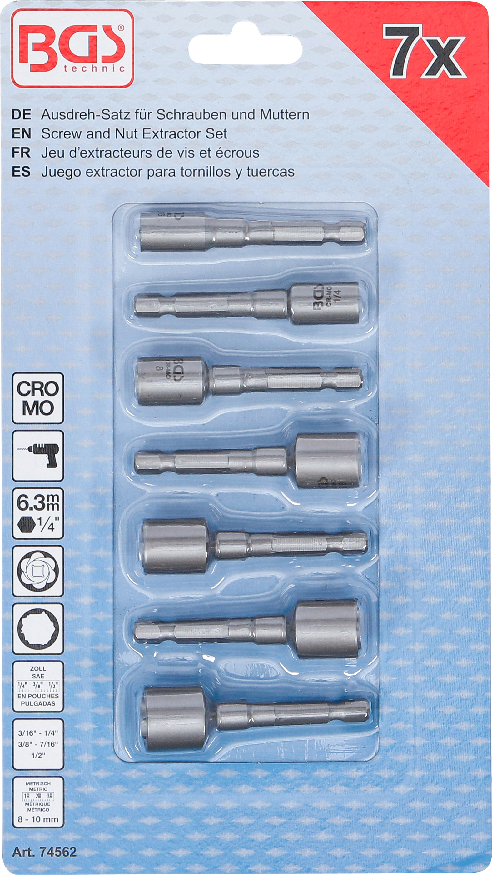 BGS Ausdreh-Satz für Schrauben und Muttern | Antrieb Außensechskant 6,3 mm (1/4") | für Bohrmaschinen | 7-tlg.