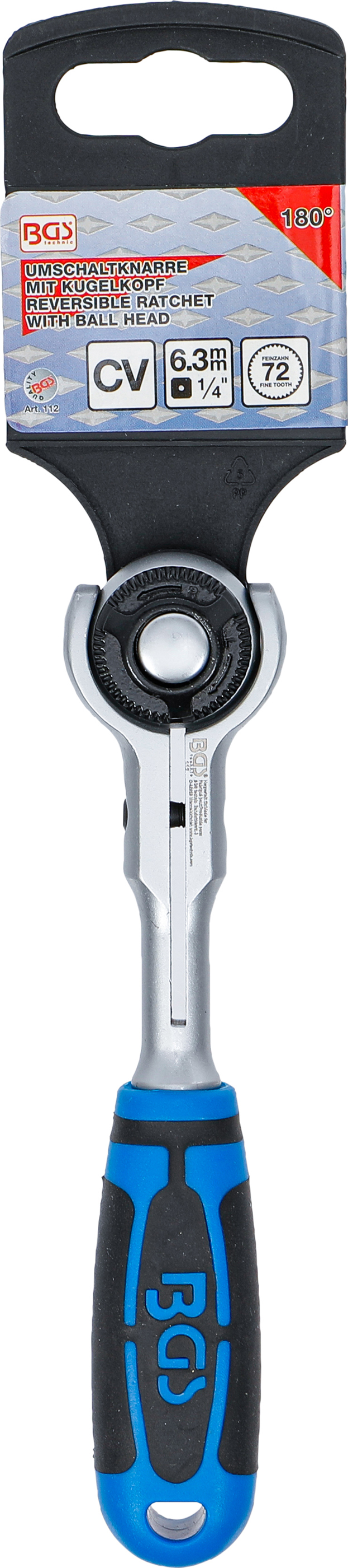 BGS Umschaltknarre mit Kugelkopf | Abtrieb Außenvierkant 6,3 mm (1/4")