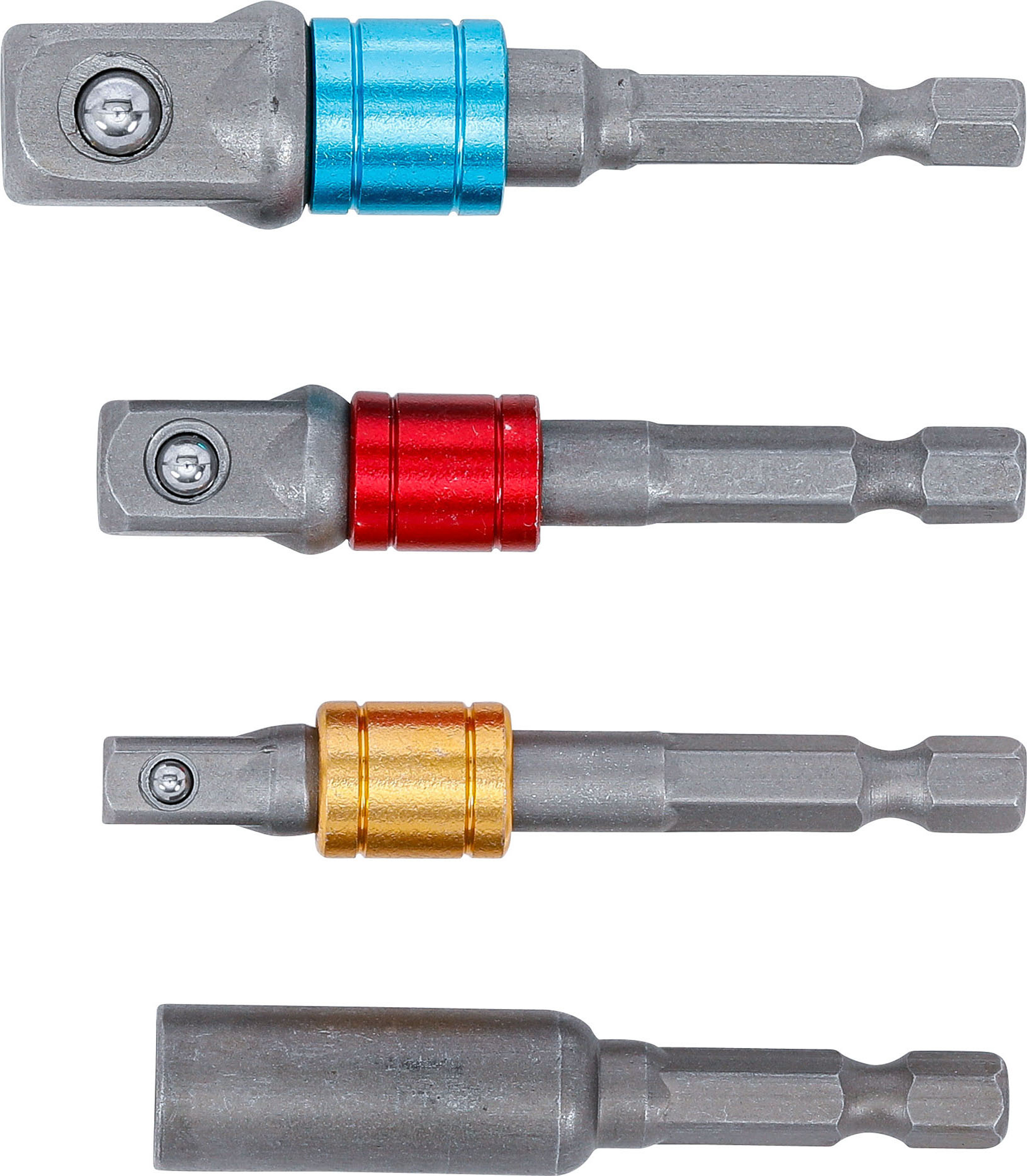 BGS Adapter-Satz für Bohrmaschinen | farbig | Antrieb Außensechskant 6,3 mm (1/4") | Abtrieb Außenvierkant 6,3 mm (1/4"), 10 mm (3/8"), 12,5 mm (1/2"), Innensechskant 6,3 mm (1/4") | 4-tlg.