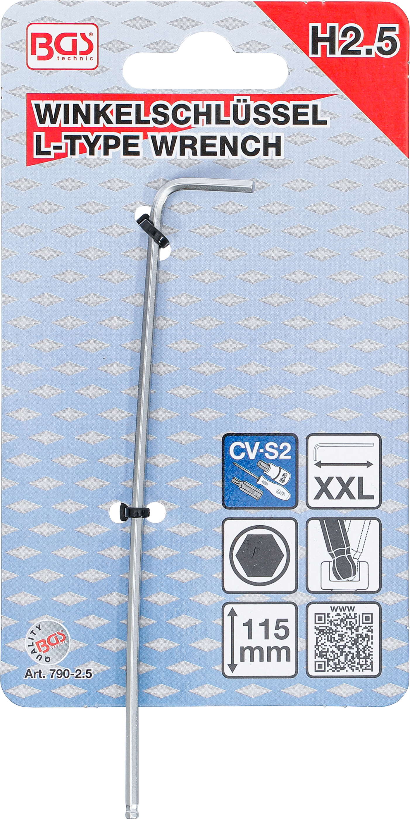 BGS Winkelschlüssel | extra lang | Innensechskant / Innensechskant mit Kugelkopf 2,5 mm