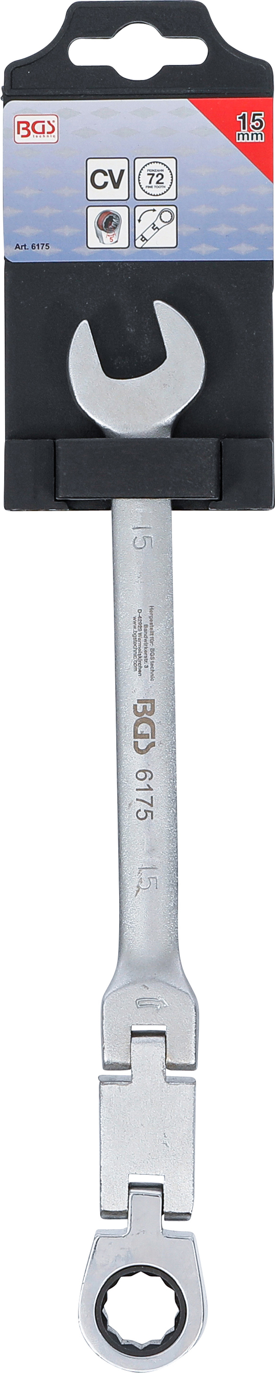 BGS Doppelgelenk-Ratschenring-Maulschlüssel | abwinkelbar | SW 15 mm