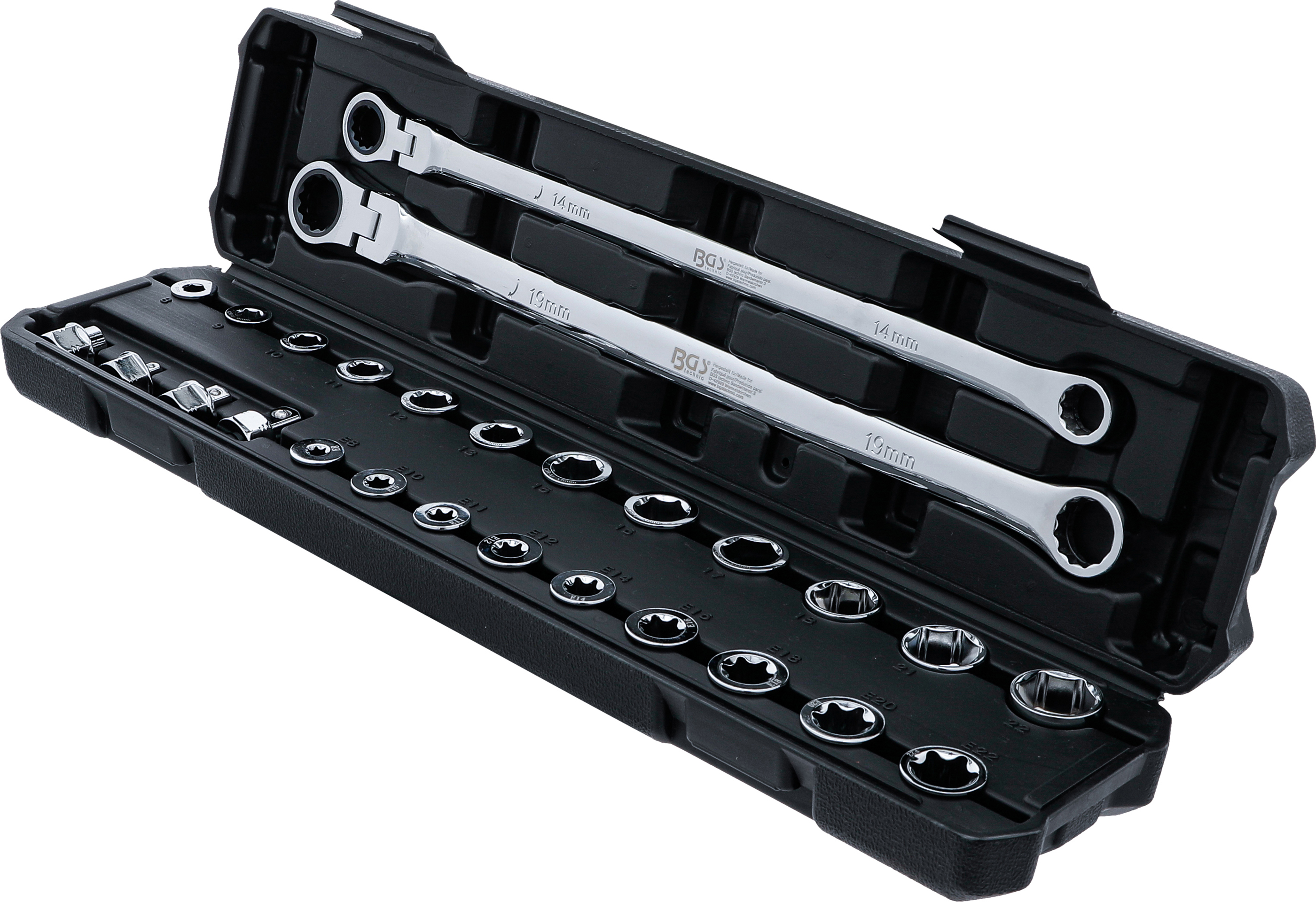 BGS Doppel-Ring- und Ratschenring-Gelenkschlüssel-Satz | extra lang | 27-tlg.