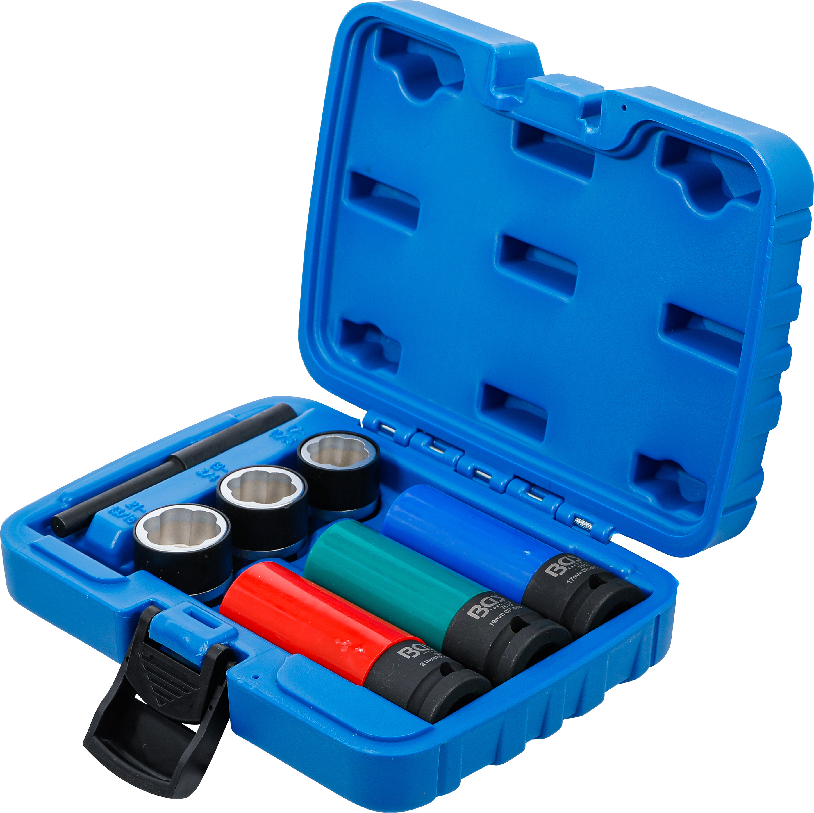 BGS Spiral-Profil-Steckschlüssel-Einsatz-Satz / Schraubenausdreher & Kraft-Schoneinsatz-Satz | Antrieb Innenvierkant 12,5 mm (1/2") | SW 17 / 19 / 21 mm | 7-tlg.
