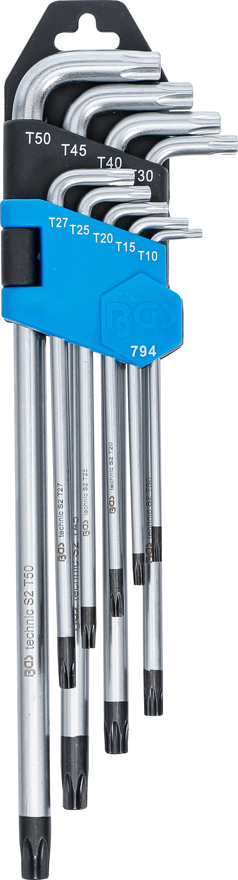 BGS Winkelschlüssel-Satz | extra lang | T-Profil (für Torx) mit Bohrung T10 - T50 | 9-tlg.