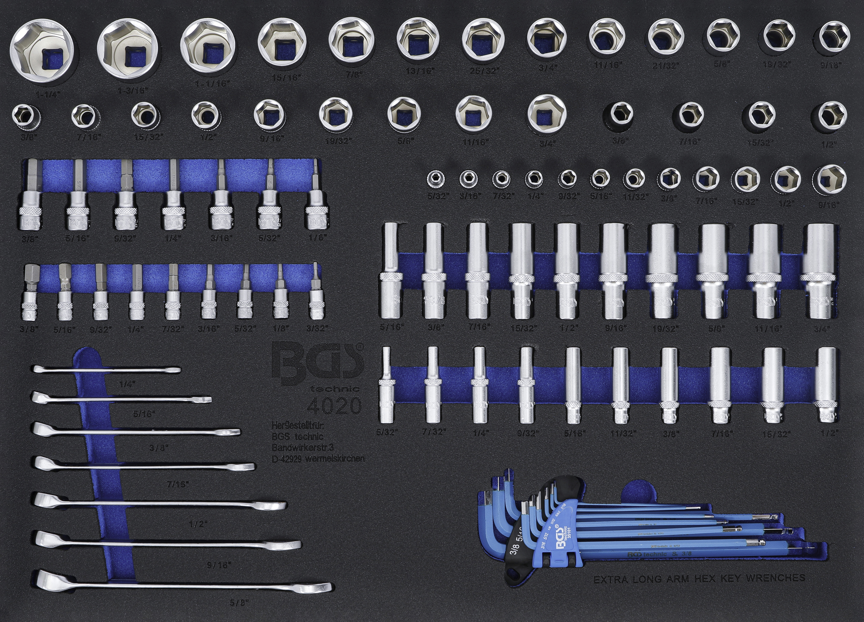 BGS Werkstattwageneinlage 3/3: Steckschlüssel-Einsätze / Maul-Ringschlüssel | Zollgrößen | 90-tlg.