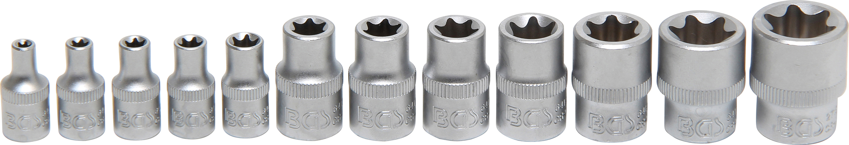 BGS Steckschlüssel-Einsatz-Satz E-Profil | Antrieb Innenvierkant 6,3 mm (1/4") / 10 mm (3/8") | SW E4 - E20 | 12-tlg.