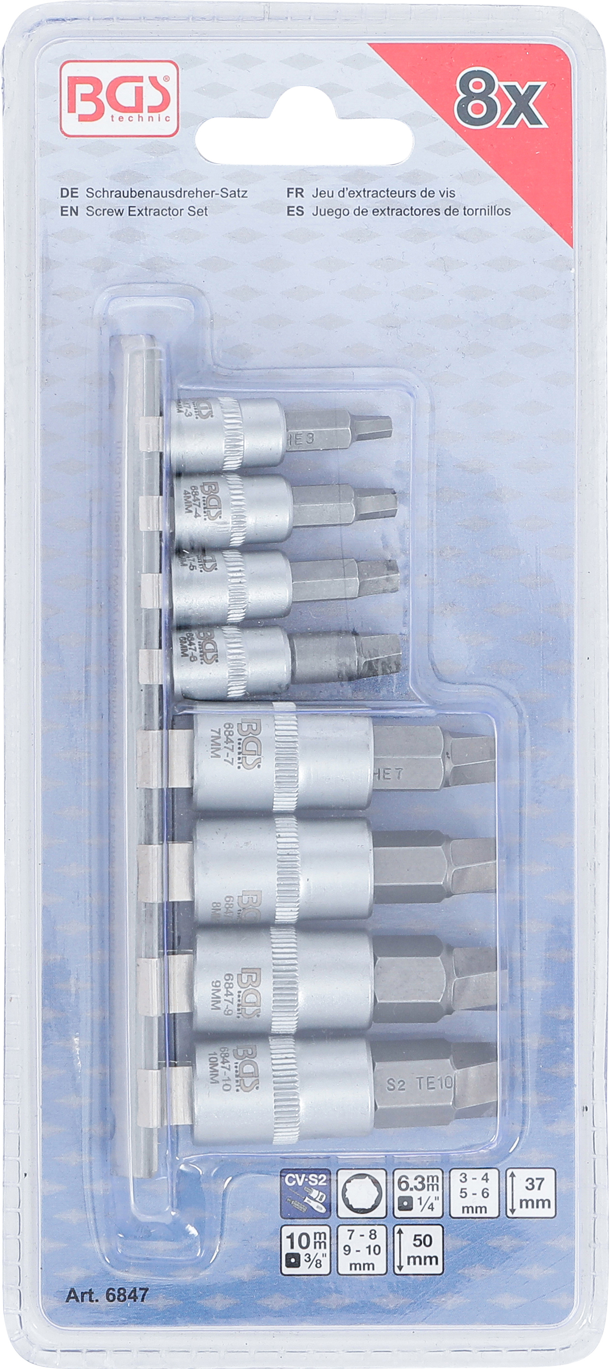 BGS Schraubenausdreher-Satz | Antrieb Innenvierkant 6,3 mm (1/4") / 10 mm (3/8") | für defekten Innensechskant 3 - 10 mm | 8-tlg.