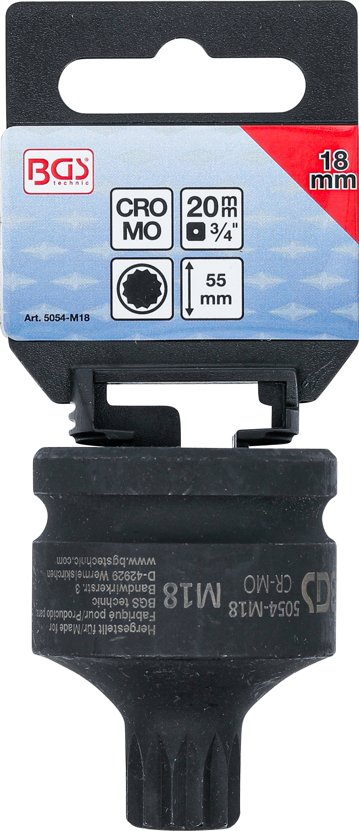 BGS Kraft-Bit-Einsatz | Länge 55 mm | Antrieb Innenvierkant 20 mm (3/4") | Innenvielzahn (für XZN) M18