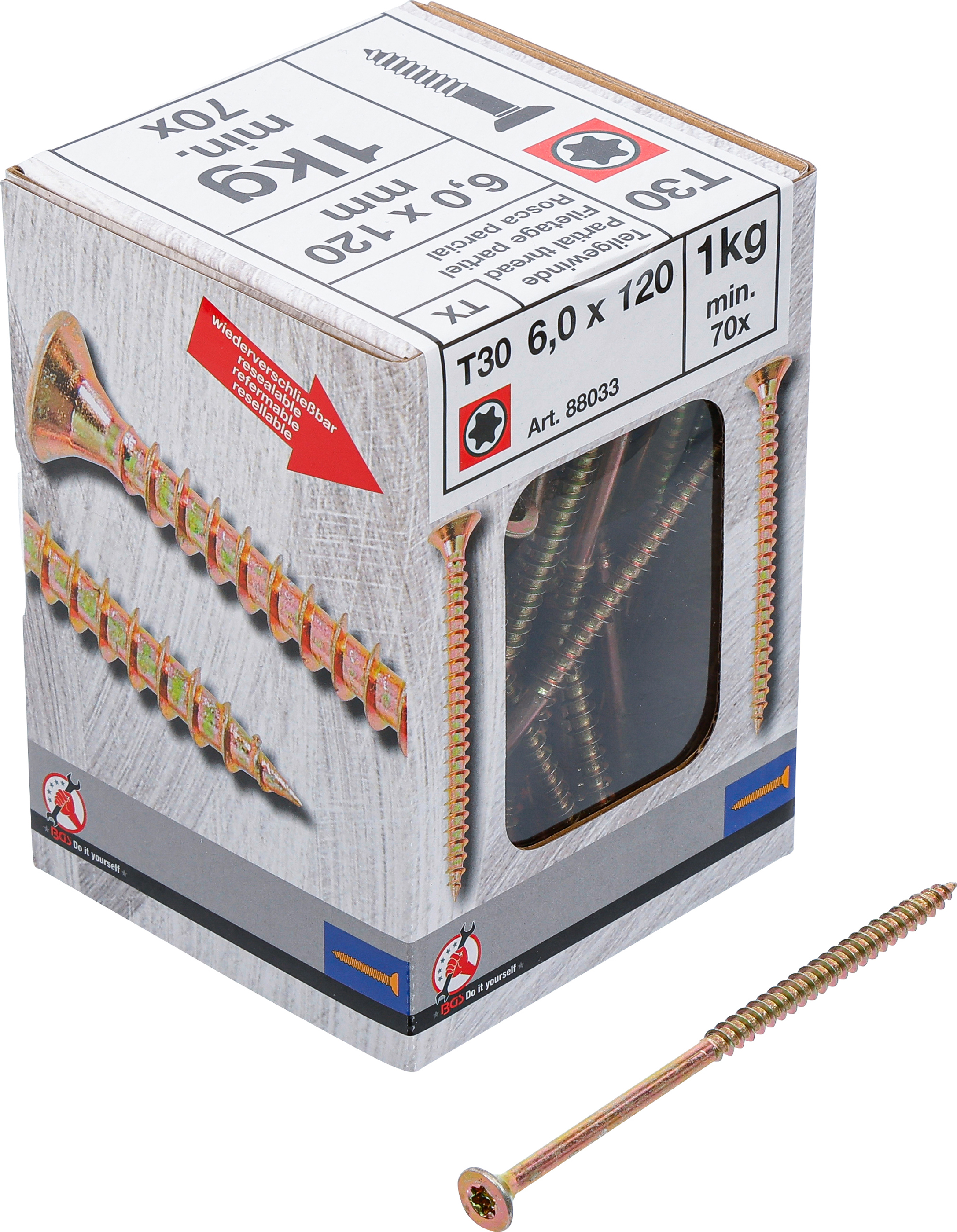 BGS Mehrzweckschrauben | T-Profil ( für Torx) T30 | 6,0 x 120 mm | 1 kg / 70 Stück