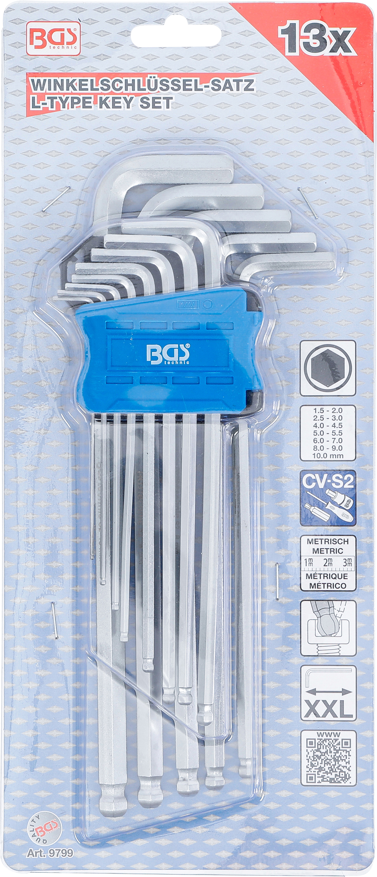 BGS Winkelschlüssel-Satz | extra lang | Innensechskant / Innensechskant mit Kugelkopf 1,5 - 10 mm | 13-tlg.