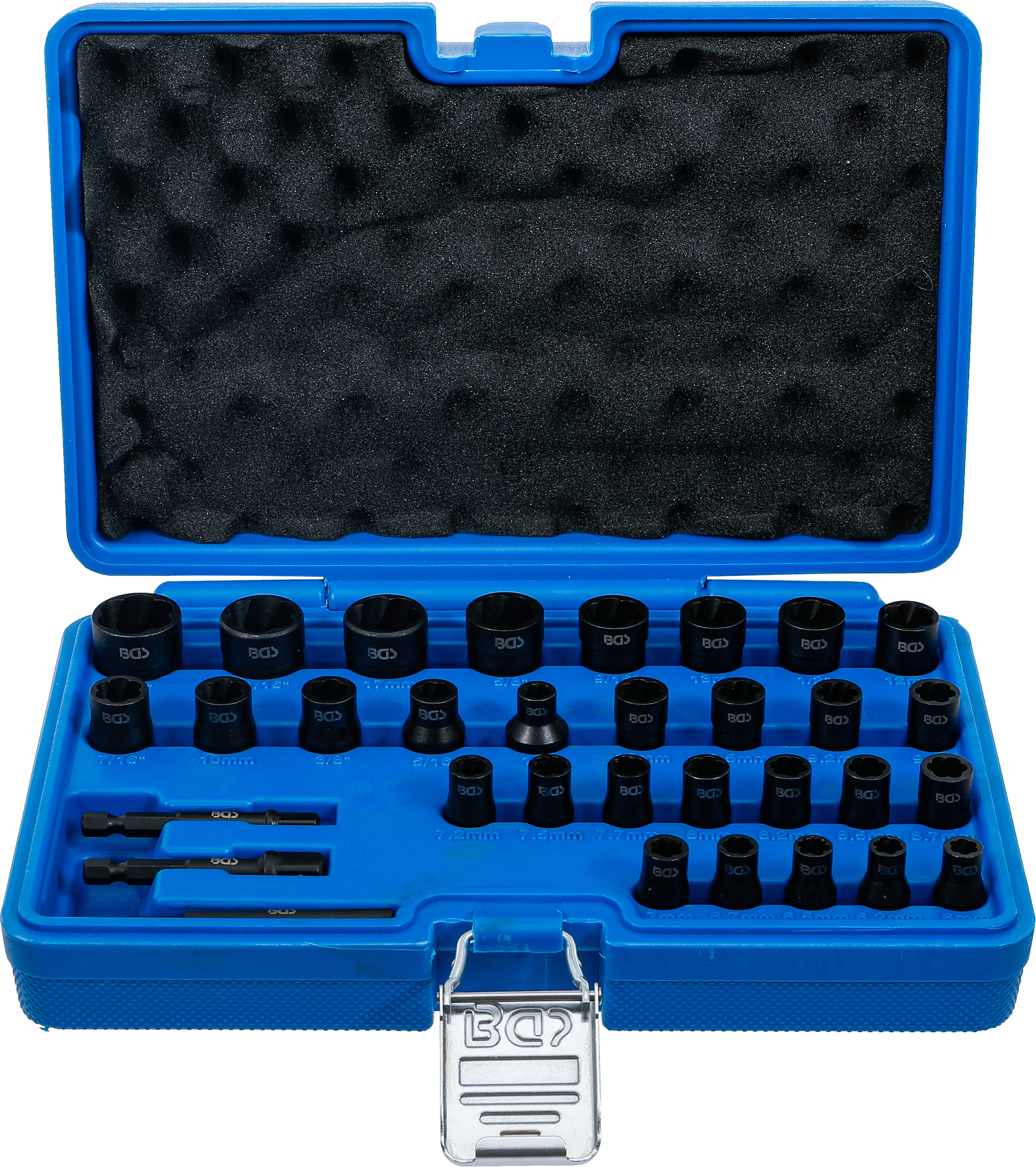 BGS Spiral-Profil-Steckschlüssel-Satz / Schraubenausdreher | Antrieb Innenvierkant 6,3 mm (1/4") / 10 mm (3/8") | Metrisch und Zollgrößen | 32-tlg.