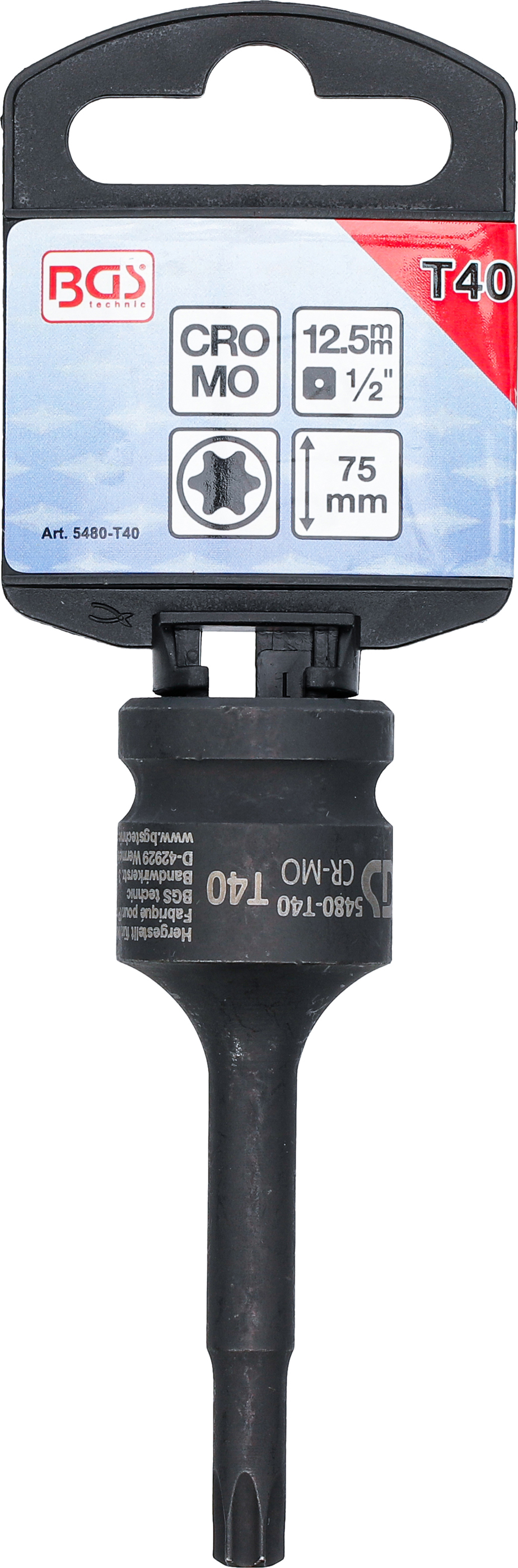 BGS Kraft-Bit-Einsatz | Länge 75 mm | Antrieb Innenvierkant 12,5 mm (1/2") | T-Profil (für Torx) T40