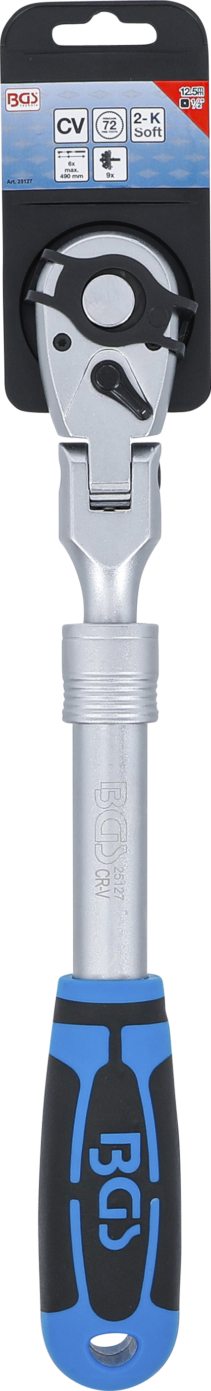 BGS Umschaltknarre, ausziehbar, abwinkelbar | Abtrieb Außenvierkant 12,5 mm (1/2") | 350 - 490 mm