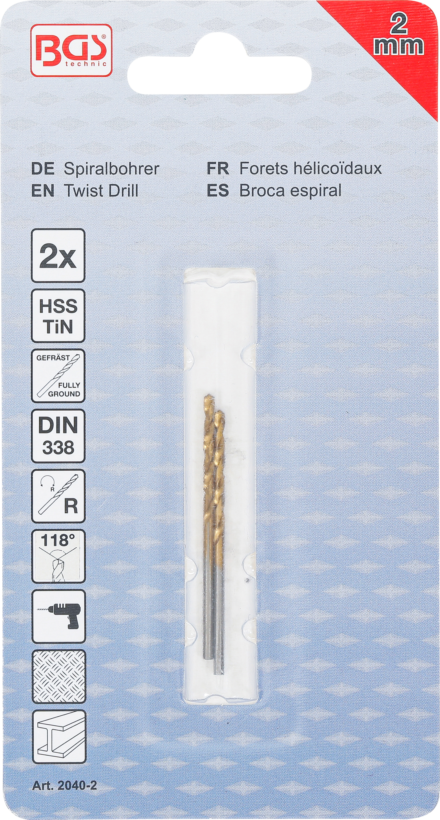 BGS Spiralbohrer | HSS-G | titan-nitriert | 2,0 mm | 2-tlg.