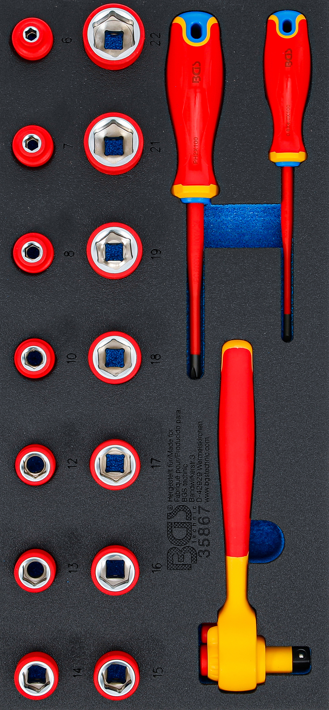 BGS Werkstattwageneinlage 1/3: VDE-Steckschlüssel- und Schraubendreher-Satz | Antrieb Innenvierkant 10 mm (3/8") | 17-tlg.