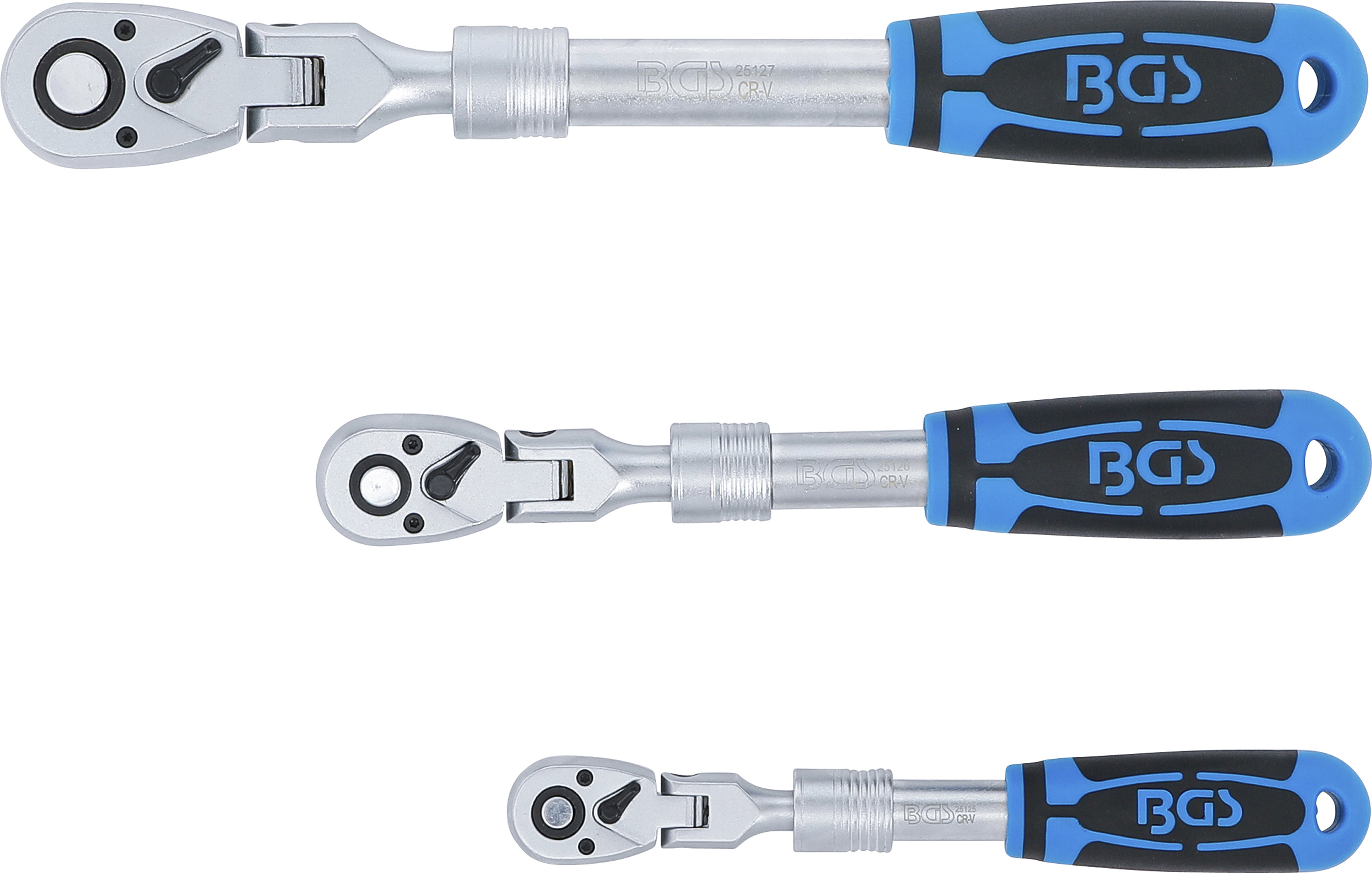 BGS Umschaltknarren-Satz | ausziehbar, abwinkelbar | Abtrieb Außenvierkant 6,3 mm (1/4") - 10 mm (3/8") - 12,5 mm (1/2") | 3-tlg.