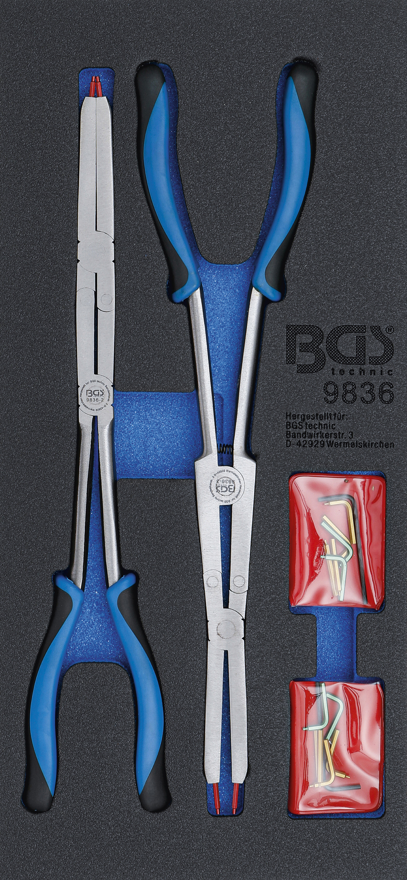 BGS Werkstattwageneinlage 1/3: Doppelgelenk-Sprengringzangen-Satz | auswechselbare Spitzen | 345 mm