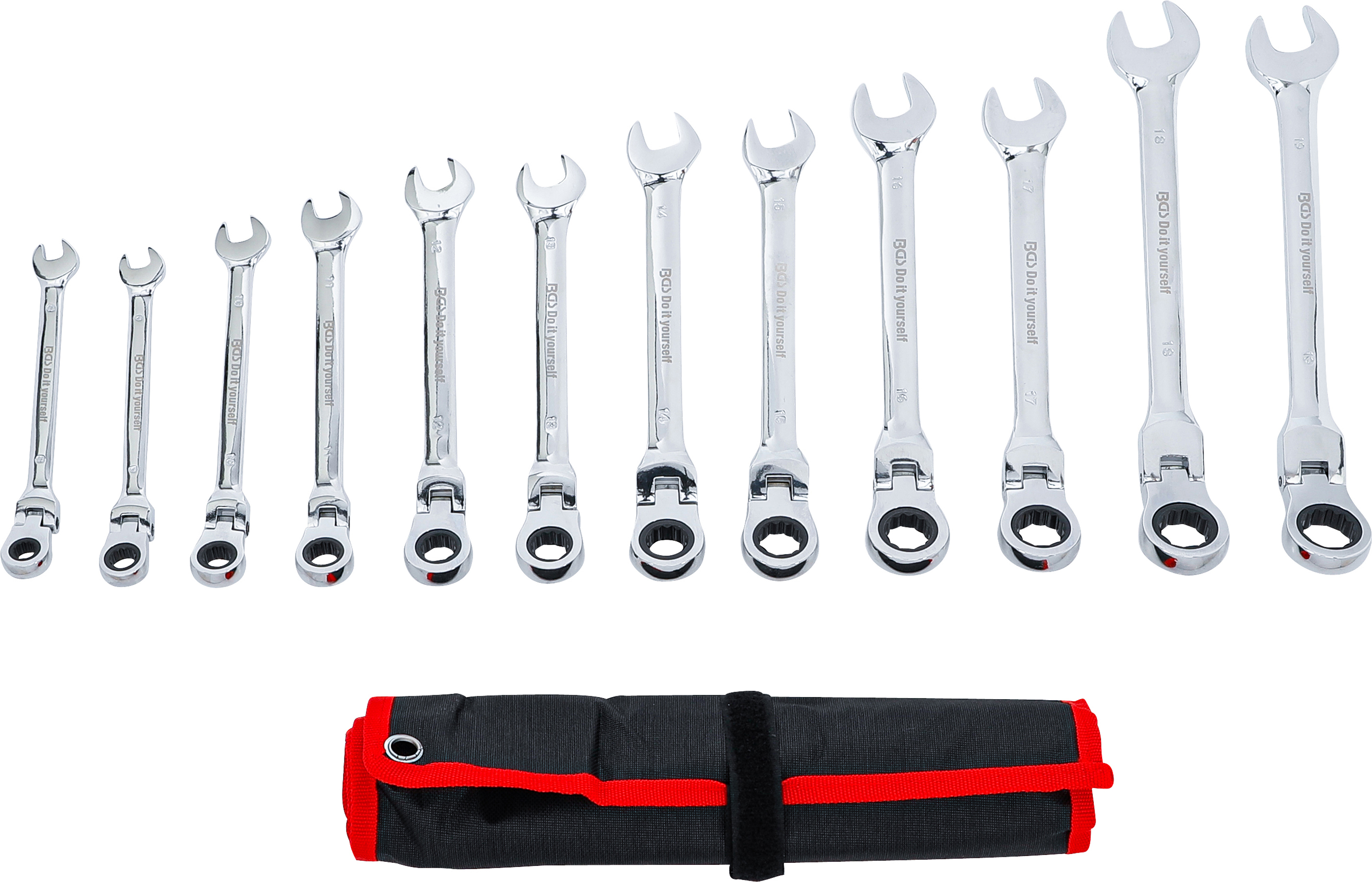 BGS Ratschenring-Maulschlüssel-Satz | flexible Köpfe | SW 8 - 19 mm | 12-tlg.