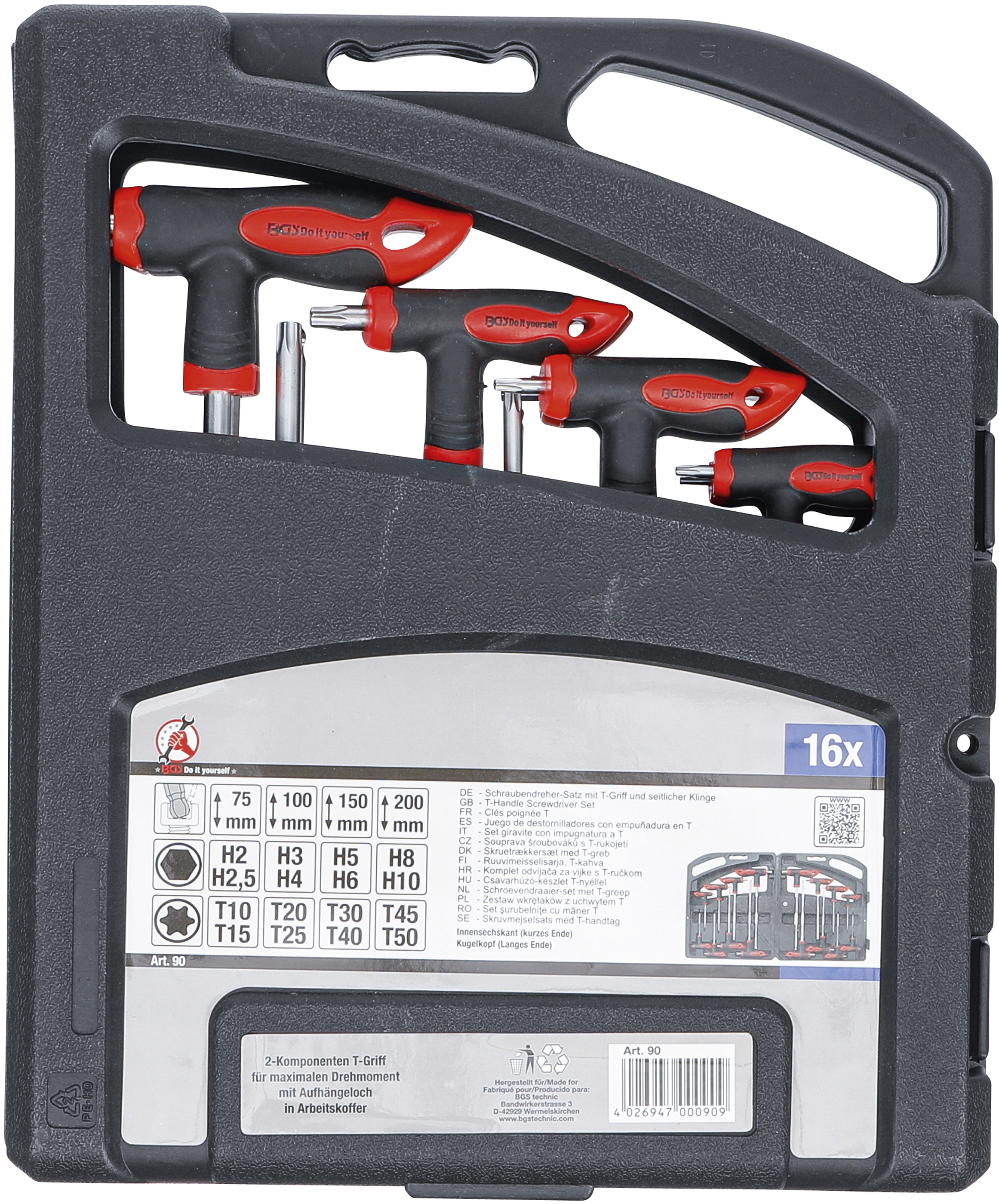 BGS Schraubendreher-Satz mit T-Griff und seitlicher Klinge | Innensechskant / T-Profil (für Torx) | 16-tlg.