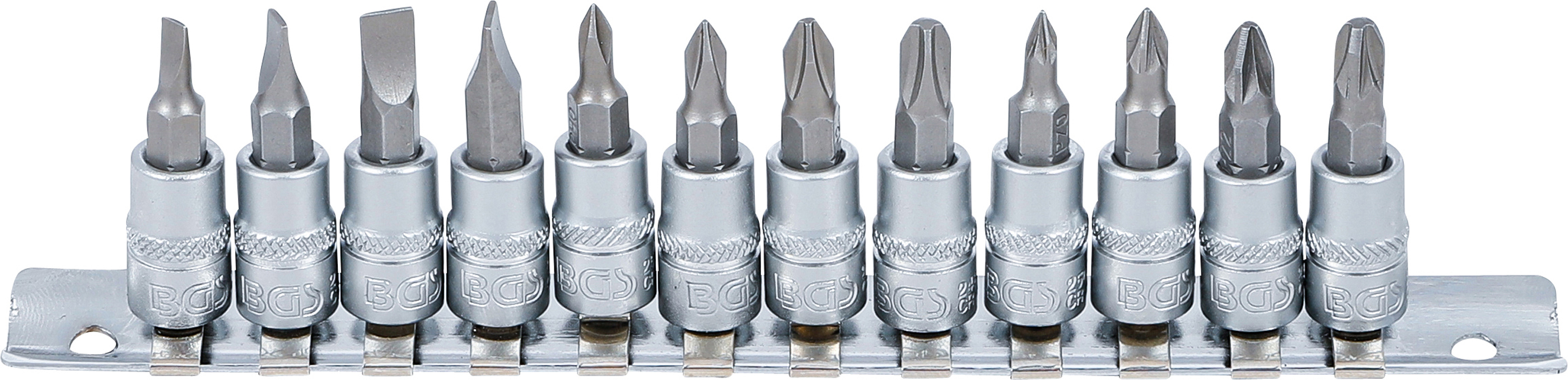 BGS Bit-Einsatz-Satz | Antrieb Innenvierkant 6,3 mm (1/4") | Schlitz, Kreuzschlitz PH, Kreuzschlitz PZ | 12-tlg. 
