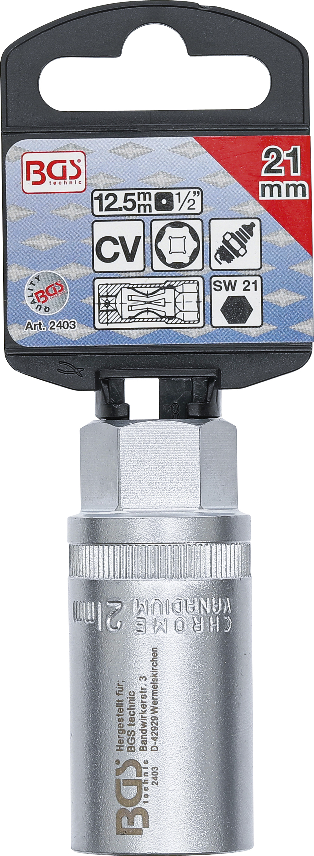 BGS Zündkerzen-Einsatz Sechskant | Antrieb Innenvierkant 12,5 mm (1/2") | SW 21 mm