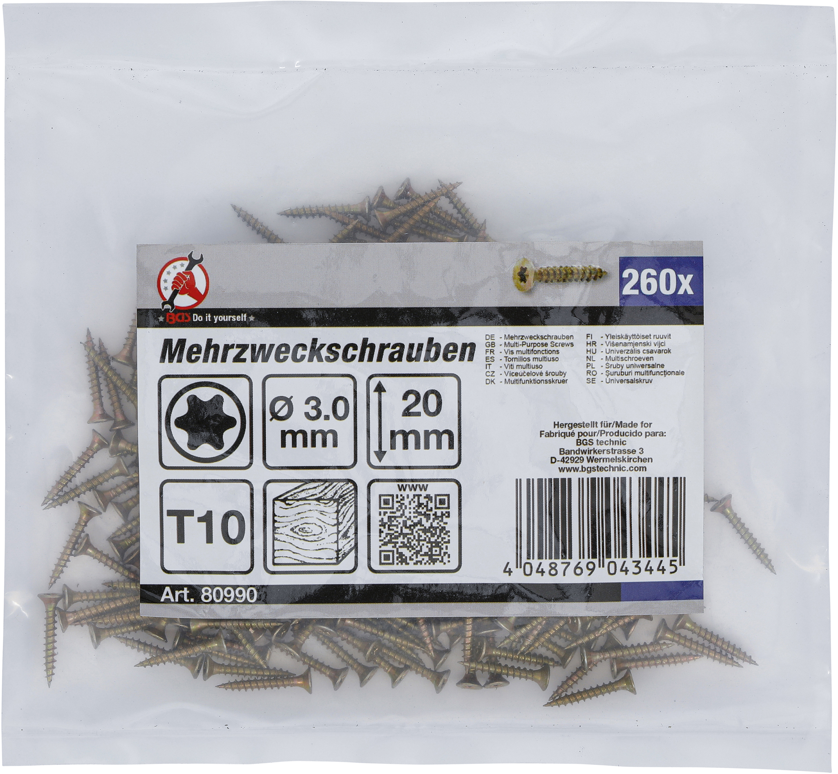 BGS Mehrzweckschrauben | T-Profil (für Torx) T10 | 3,0 x 20 mm | 260 Stück